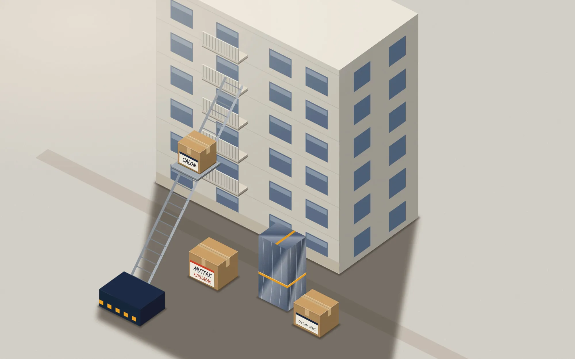 Apartman cephesine yaslanmış dış cephe asansörü; platformda koli, aşağıda lacivert kamyon.